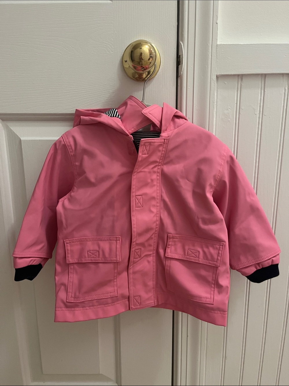 Petit Bateau Pink Hooded Raincoat with Striped Lining